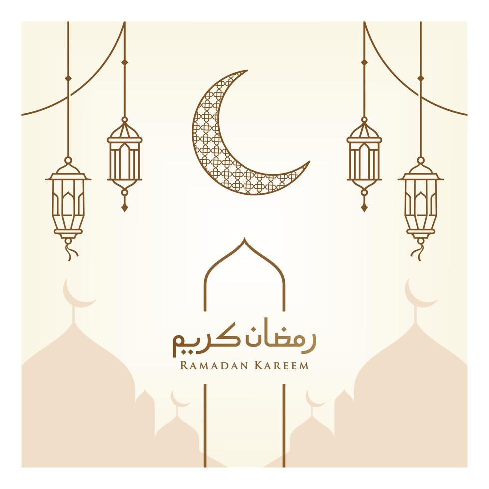 ramadan Kareem, Eid Mubarak Greeting Line icon minimal and simple vector design with beautiful Glowing Lantern and elegant crescent moon star for background and Banner