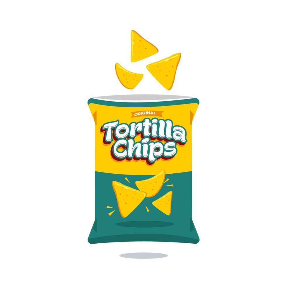 Bolsa de tortillas para nachos. icono de ilustración de diseño de empaque de plástico de bolsa de chips de tortilla de refrigerio azul y amarillo para negocios de alimentos y bebidas, vector de logotipo de elemento de marca de refrigerio de papa.
