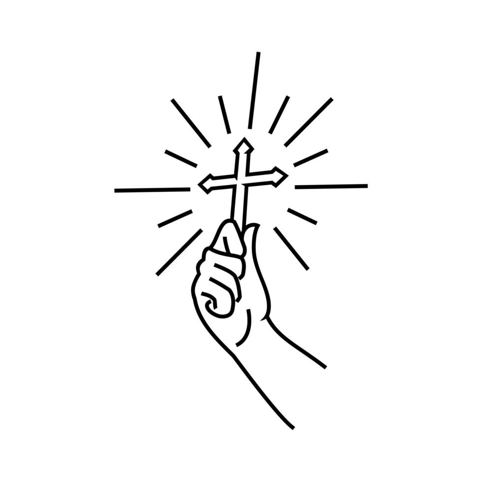 line drawing of hand holding bright christian holy cross vector abstract lineart Illustration design vector