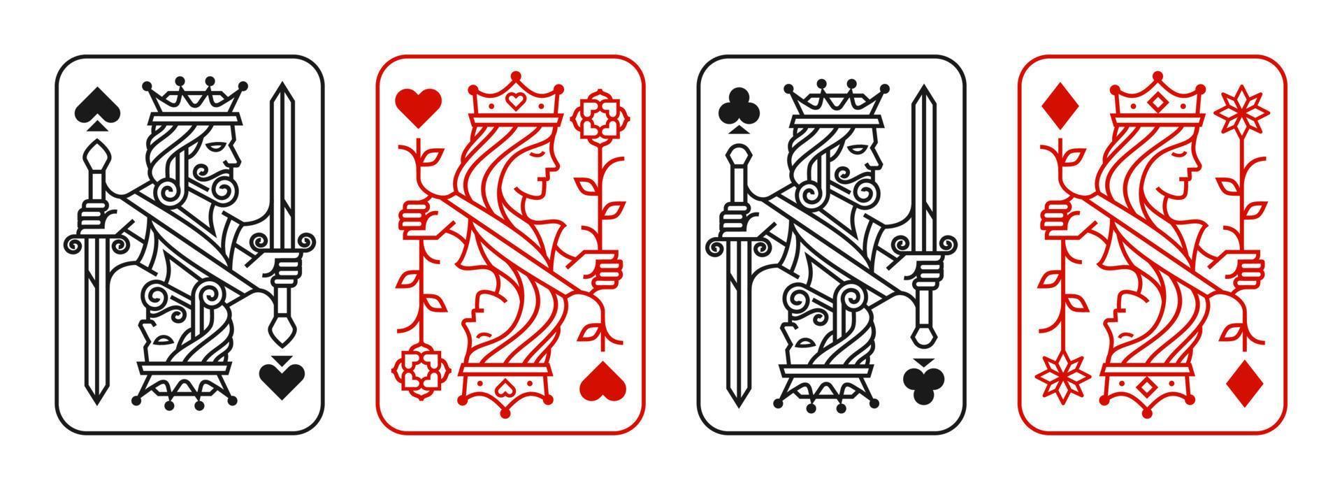 juego de ilustración vectorial de naipes rey y reina de corazones, pala, diamante y club, colección de diseño de cartas reales vector
