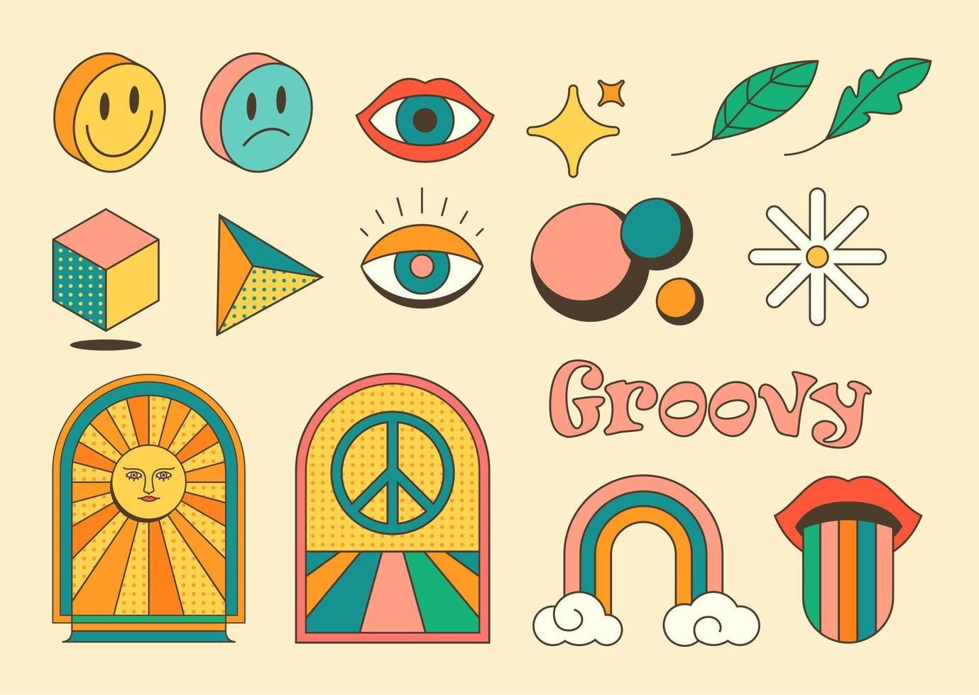 conjunto vectorial de pegatinas de imágenes prediseñadas psicodélicas de los años 70. elementos gráficos retro maravillosos o pegatinas hippies de dibujos animados. ilustraciones boho vintage. obra de arte abstracto inconformista. vector