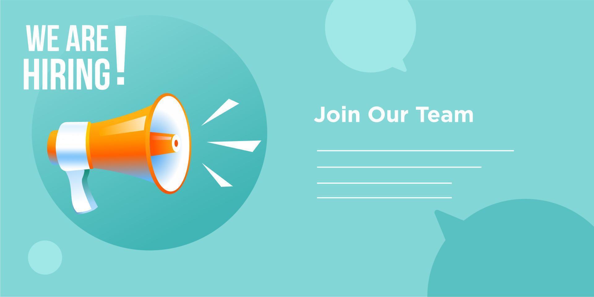 shouting megaphone vector Illustration on blue banner background, concept of join us, job vacancy and announcement in modern flat cartoon style design