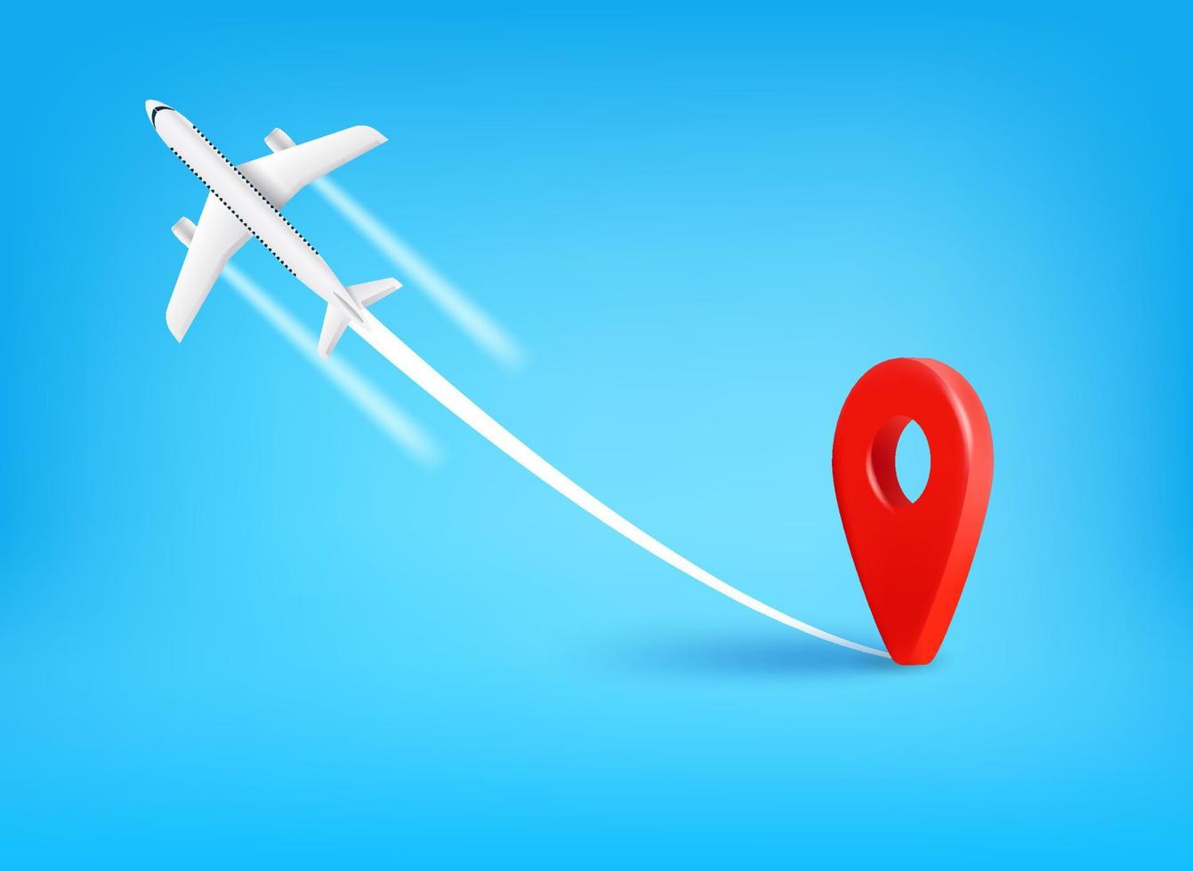 Travel concept with map pin and airplane. 3d vector illustration