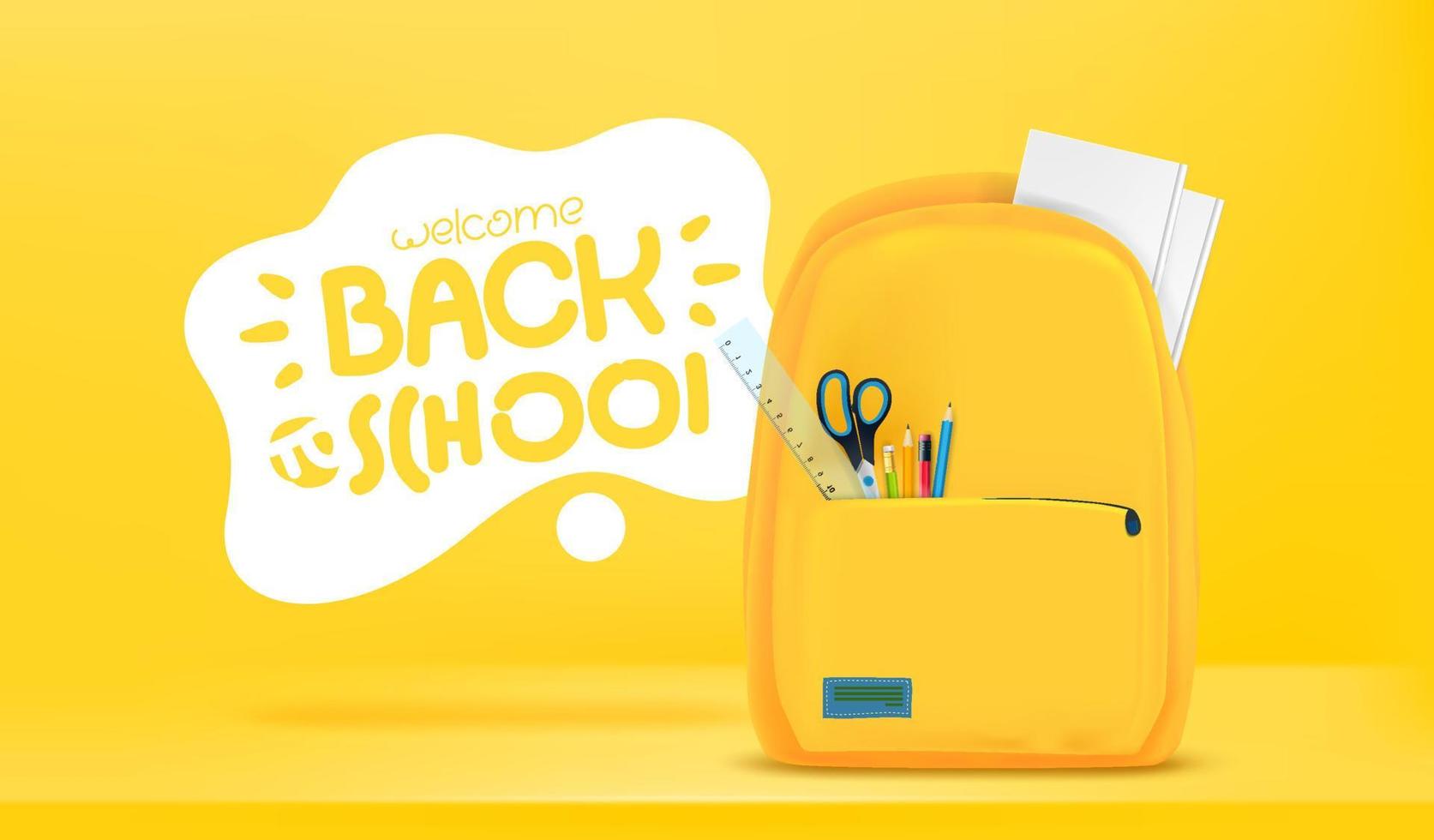 Yellow school bag with stationery and Back to school inscriptiom. 3d vector banner