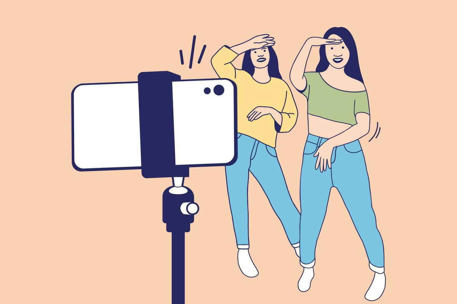 Illustrations of two Beautiful influencer girl happy recording dancing video with smartphone for challenge vector