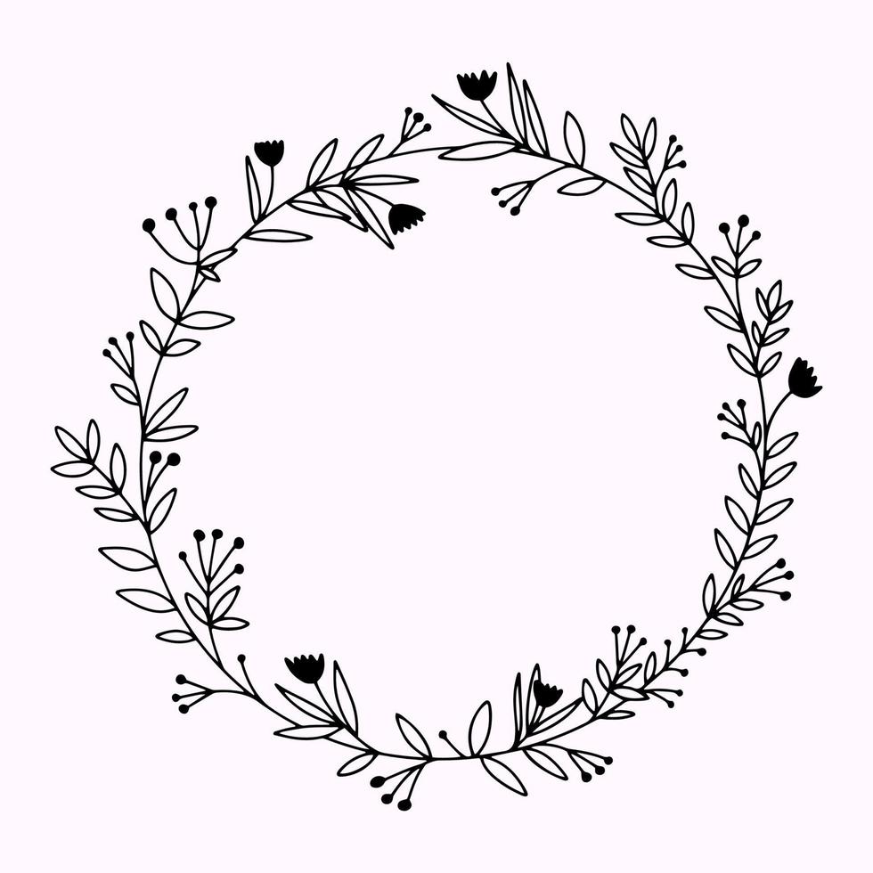 Hand drawn round vector frame with flowers and leaves.