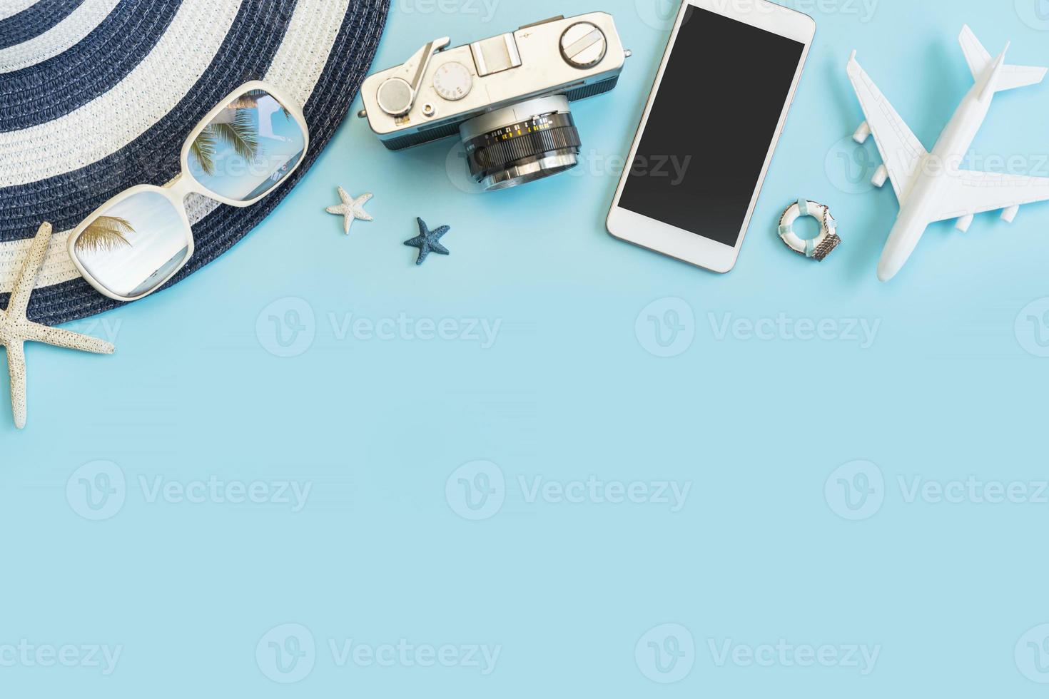 Travel accessories items on color background, Summer vacation concept photo