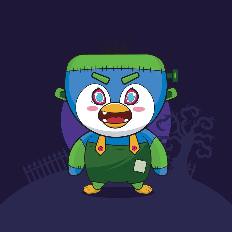 Halloween Cartoon. Penguin Frankenstein vector illustration pro download