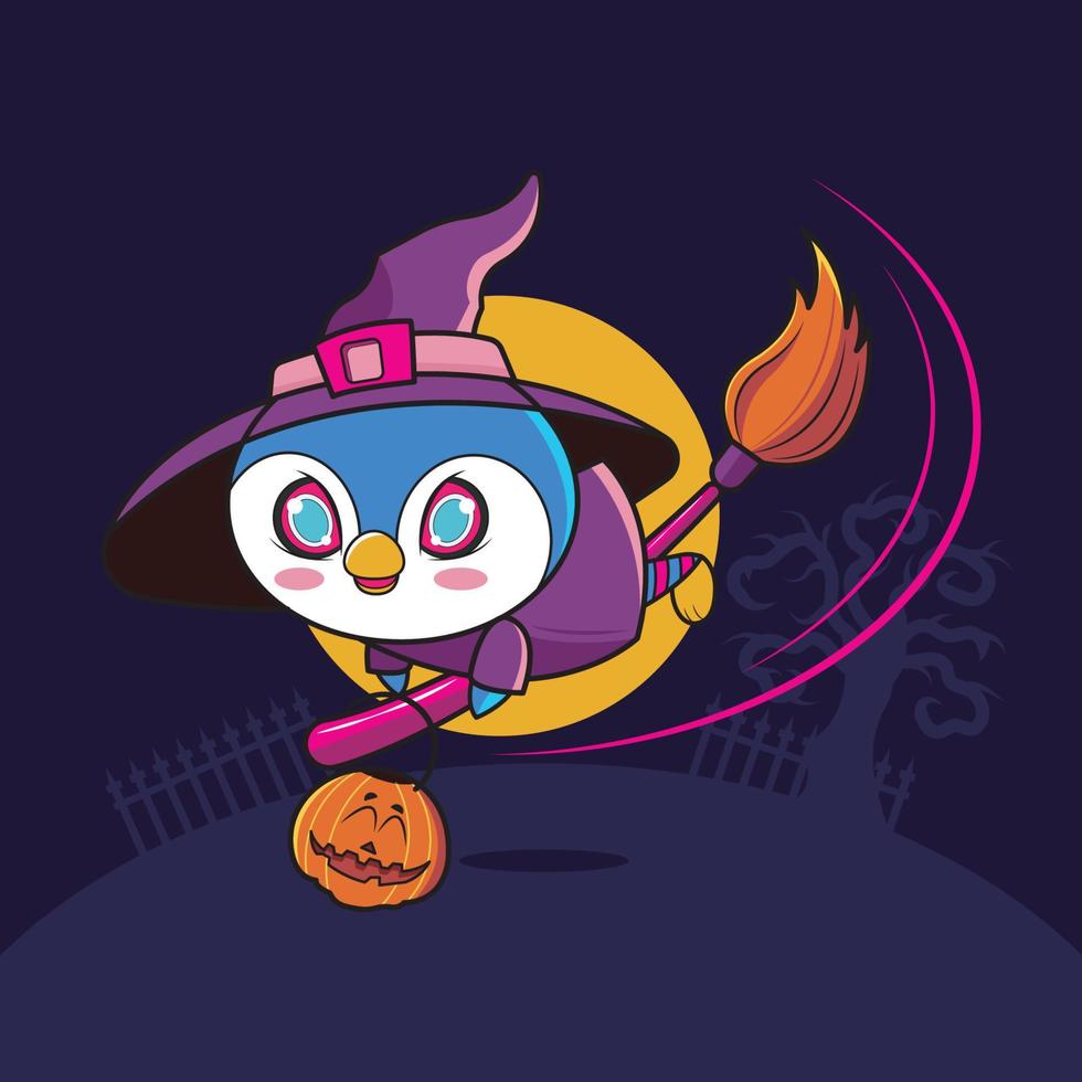 dibujos animados de halloween pingüino bruja vector ilustración pro descargar