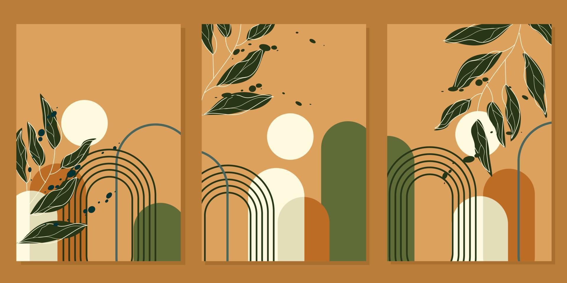 set of geometric wall decor designs with hand drawn leaf patterns. aesthetic background vector