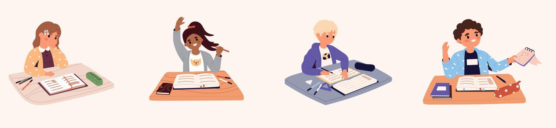 Set of children sitting on the lesson in school. Boy and girls are back to school. Pupils writing and reading. Back to school concept. Collection of students. Flat vector illustration.