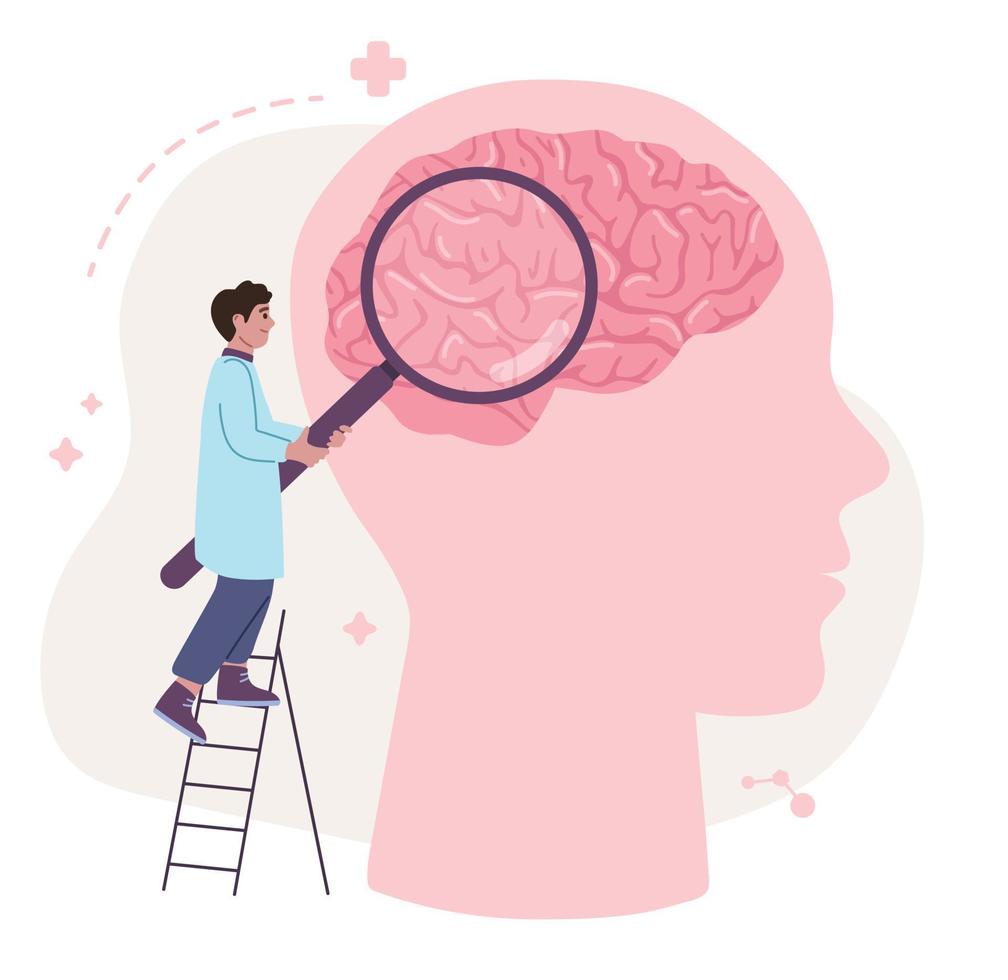 concepto de estudio cerebral. el médico está examinando el cerebro con una lupa gigante de pie en la escalera. psicología, neurología, eeg, mente humana. ilustración vectorial de dibujos animados plana. vector