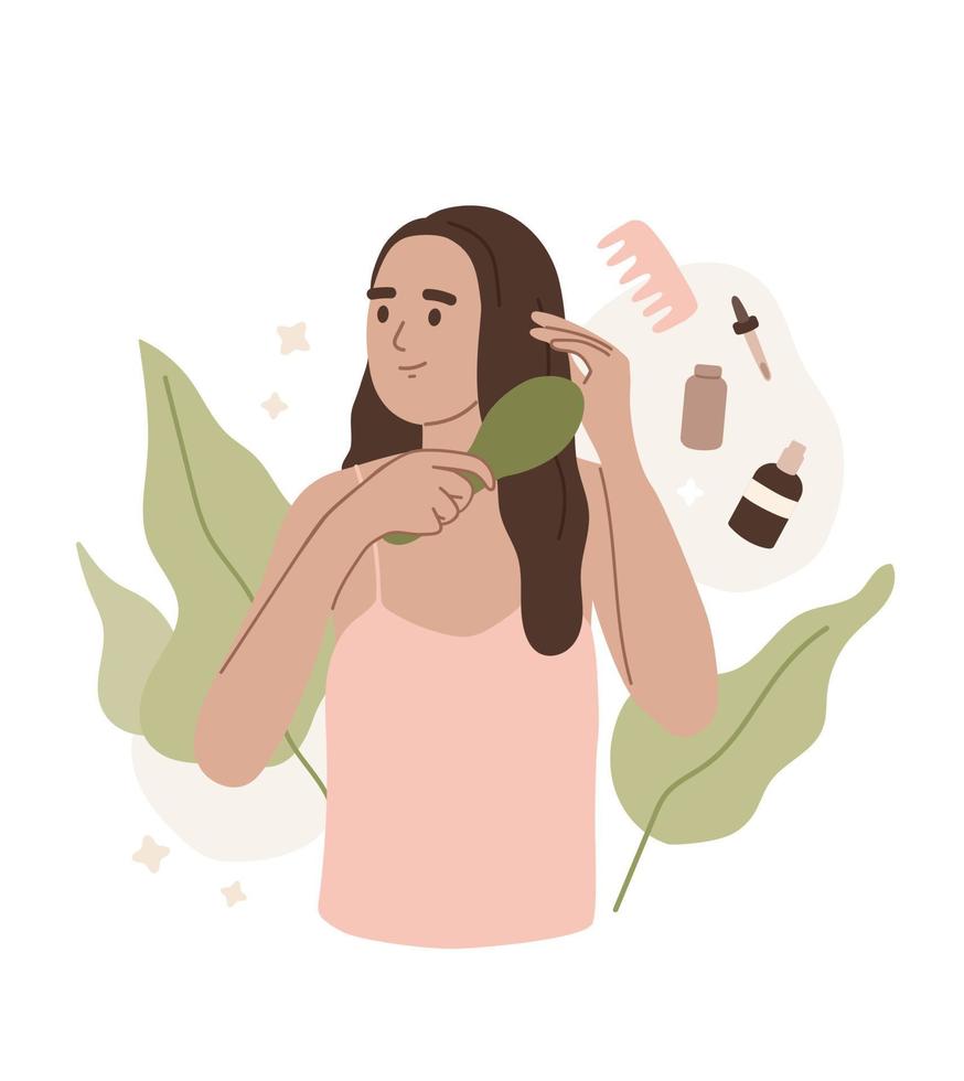 mujer cepillándose el pelo. peinando el pelo. belleza, cuidado, cabello sano. ilustración vectorial plana. vector