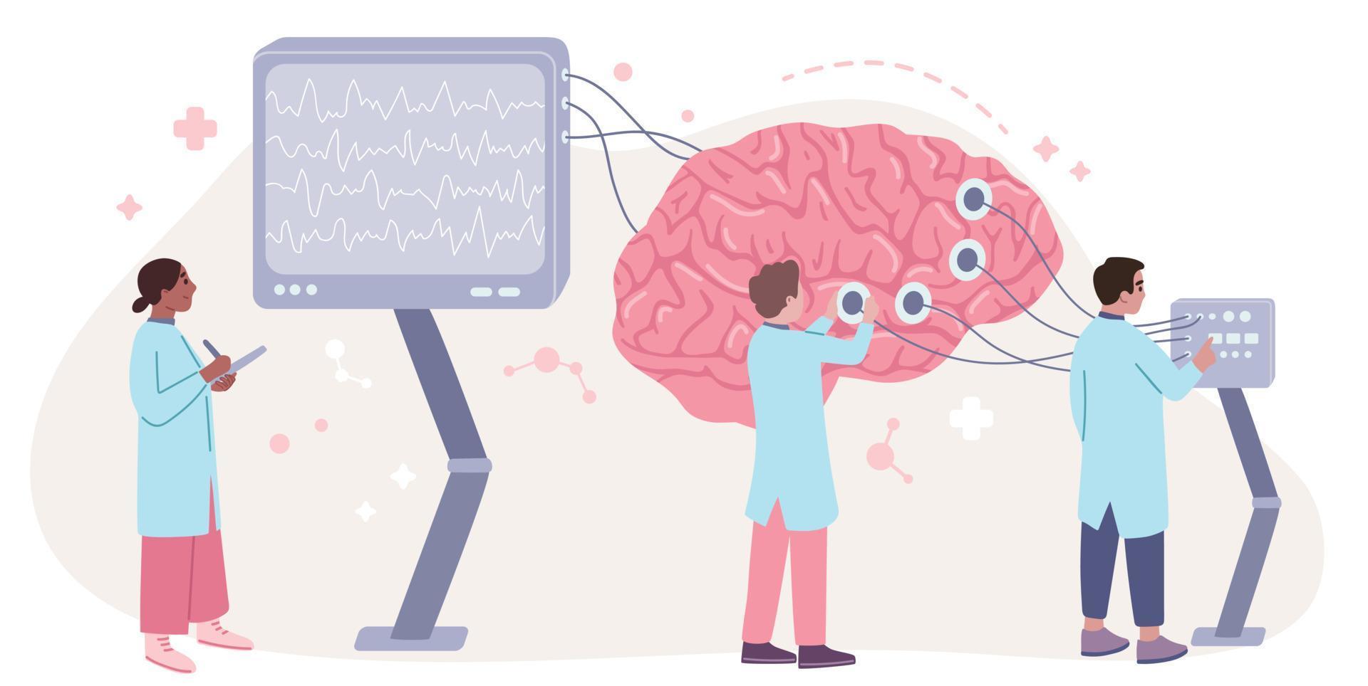 concepto de estudio cerebral. el médico neurólogo está examinando el cerebro con una máquina eeg. eectroencefalografía, electroencefalograma, neurociencia, concepto de neurología. vector