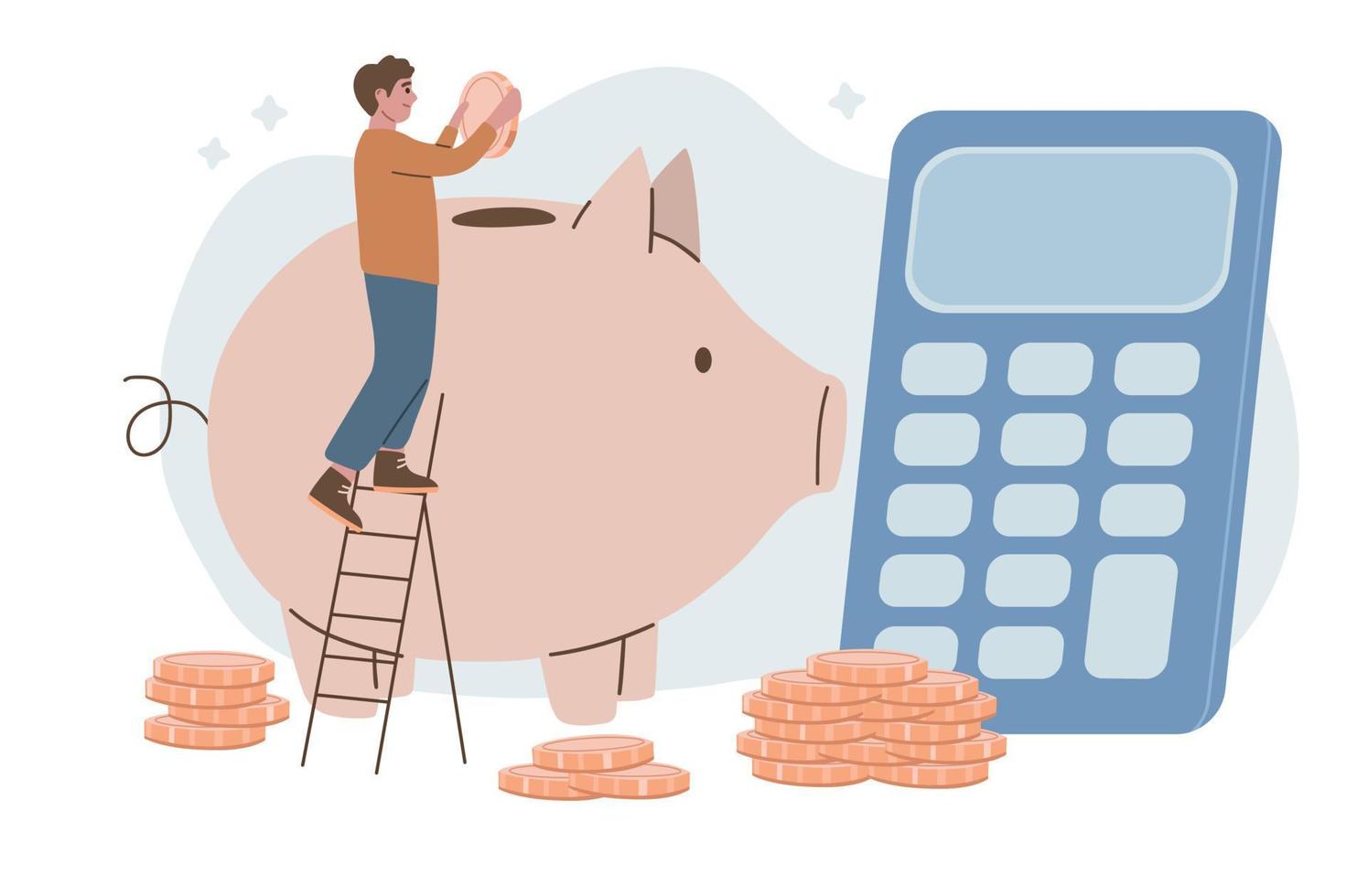 Man is putting coins in piggy bank. Investment concept. Money saving, deposit. Finance. Web, banner, app, landing. vector