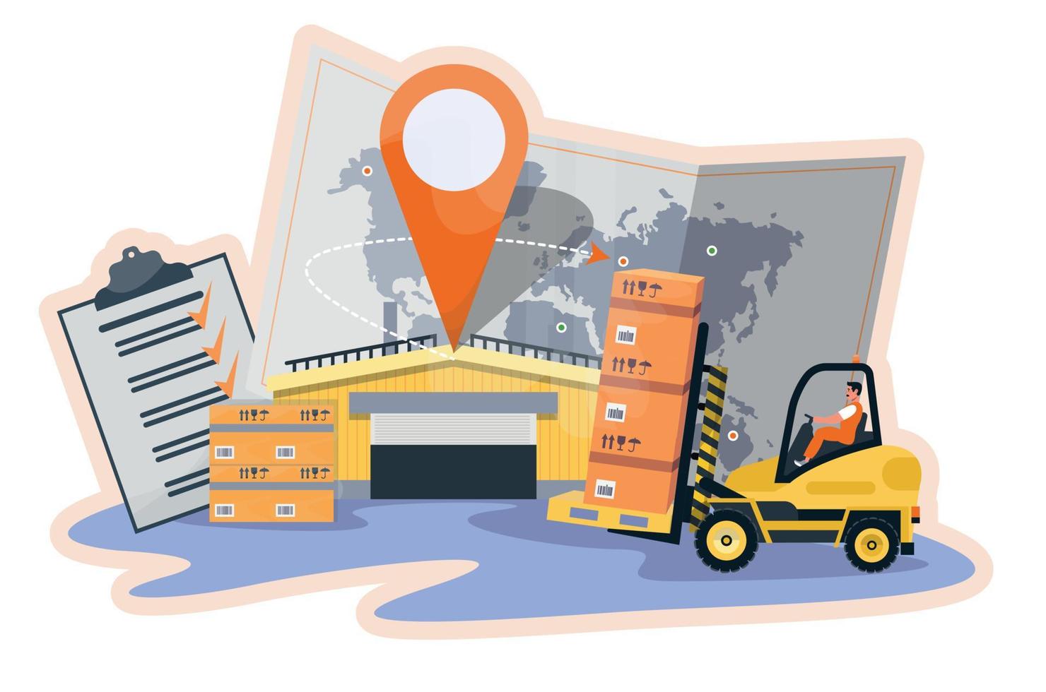 Commercial warehouse. Forklift. Global logistics. Delivery, distribution. Supply chain management. Banner, logo. vector