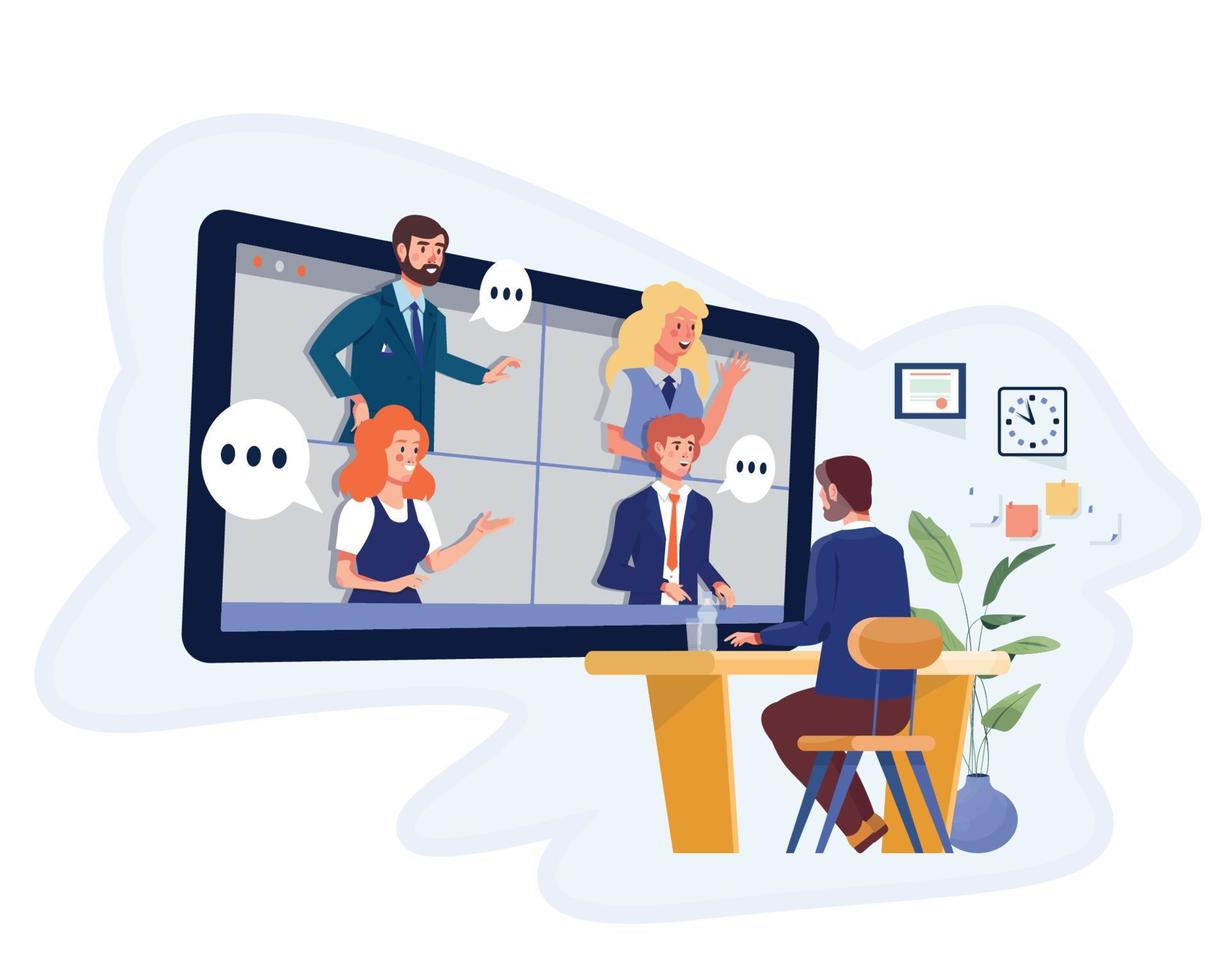 Man has online conference with collegues. Videoconference. Distant work. Virtual office. Online negotiations. vector