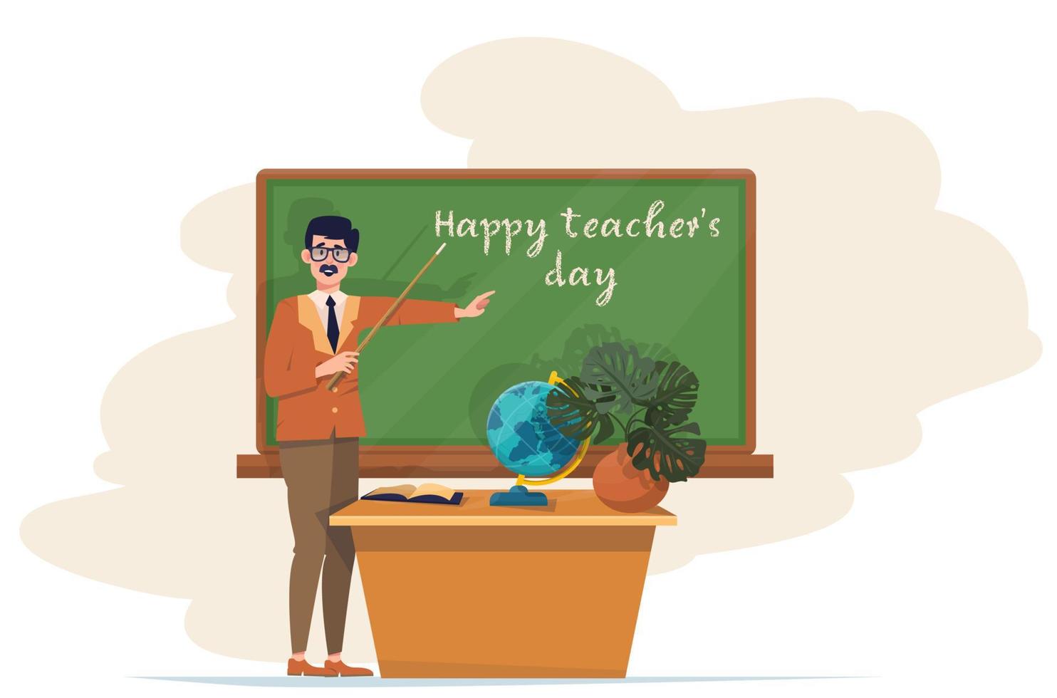 Happy teachers day illustration. Male teacher pointing at the blackboard with text. Flat vector. vector