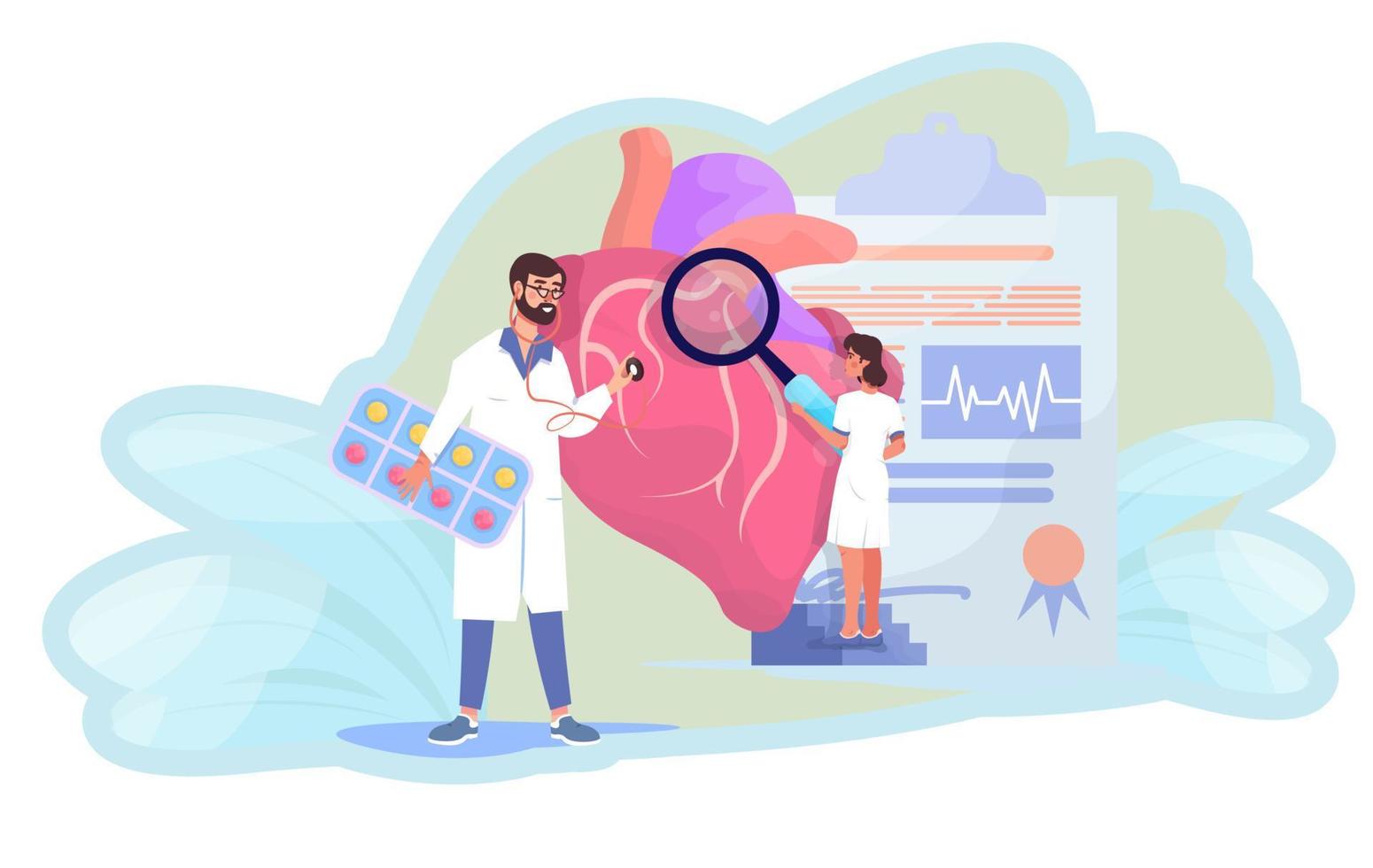 Cardiology concept. Doctor and nurse are examening patient's heart with stethoscope and magnifier. Giant heart and tiny doctors. Heart disease. Cardiogram. vector