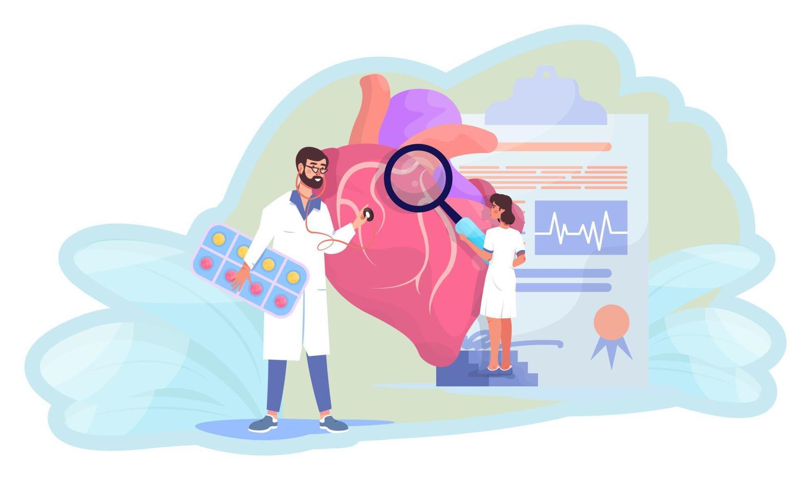 Cardiology concept. Doctor and nurse are examening patient's heart with stethoscope and magnifier. Giant heart and tiny doctors. Heart disease. Cardiogram. vector