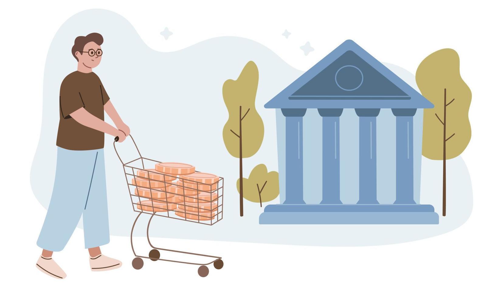 Bank deposit concept. Investments. Money transfer. Man is carrying money to the bank on a cart. Financial transactions. Flat vector illustration.