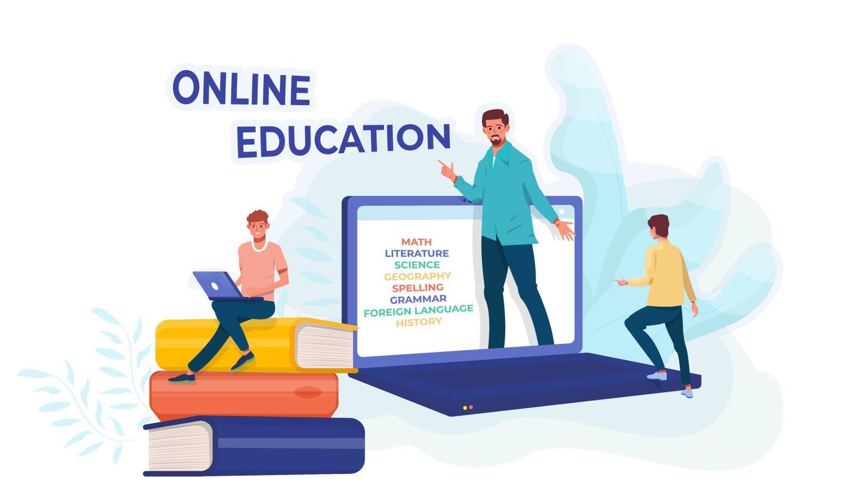 Online education concept. Online school. Student on the giant pile of books with a laptop. Puple and a teacher. School subjects. Tutor. vector