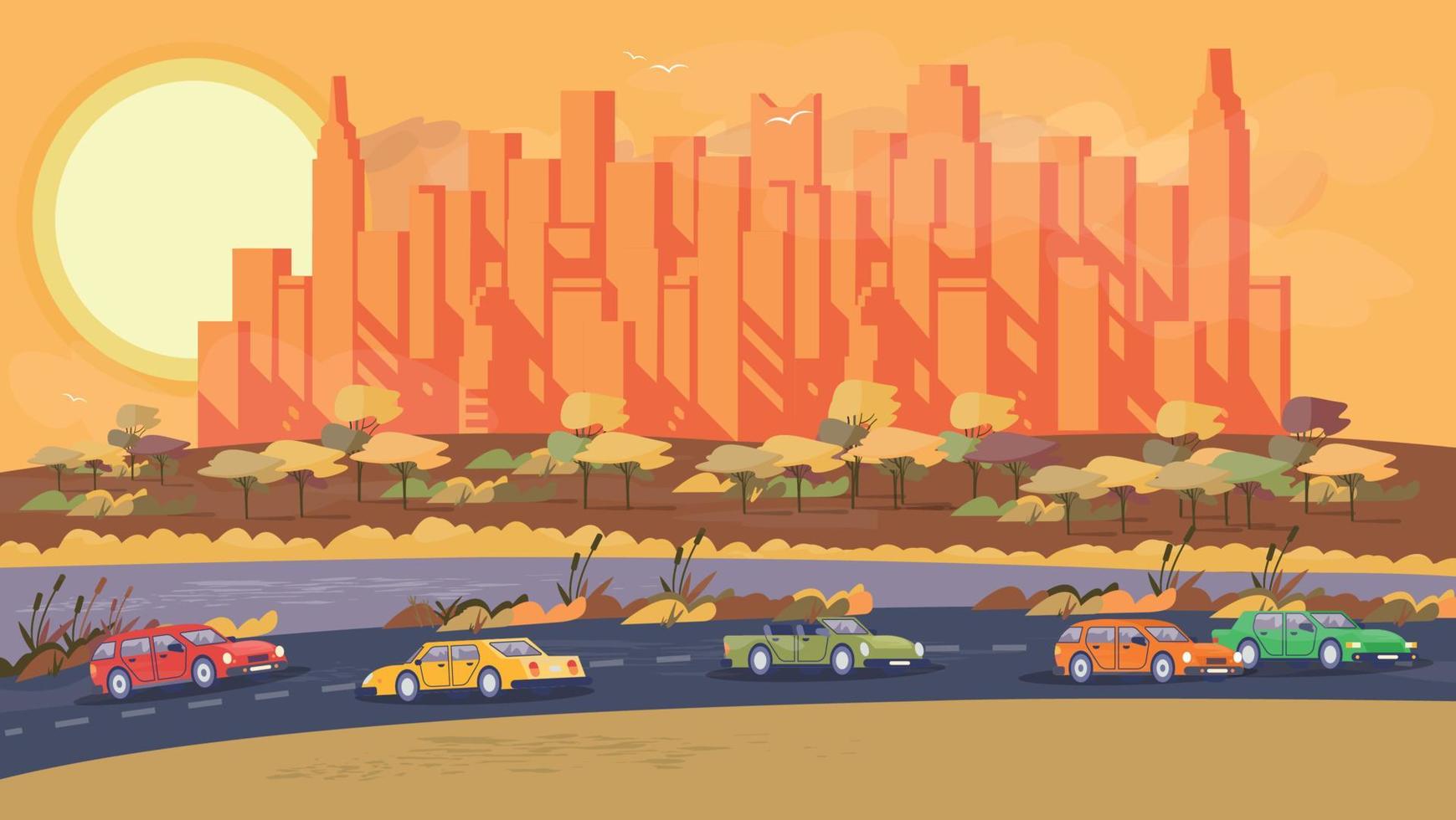 Autumn city landscape with skyscrapers. Urban view. Architecture. Background. Skyline. Flat vector illustration.