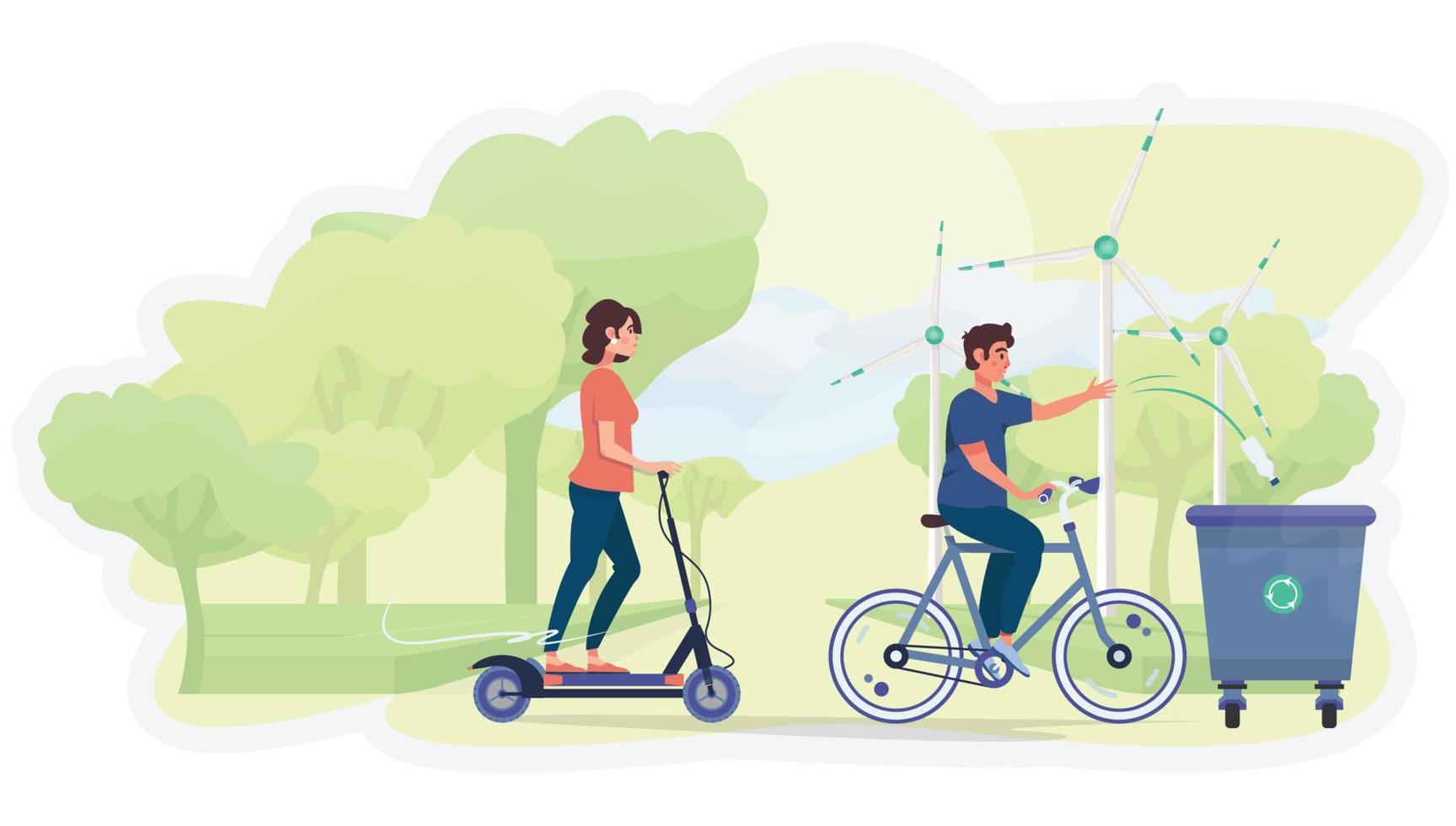 Man and woman driving eco friendly vehicles scooter and bike. Recycling bin. Ecology concept. Eco friendly. Wind turbines. Renewable energy. vector
