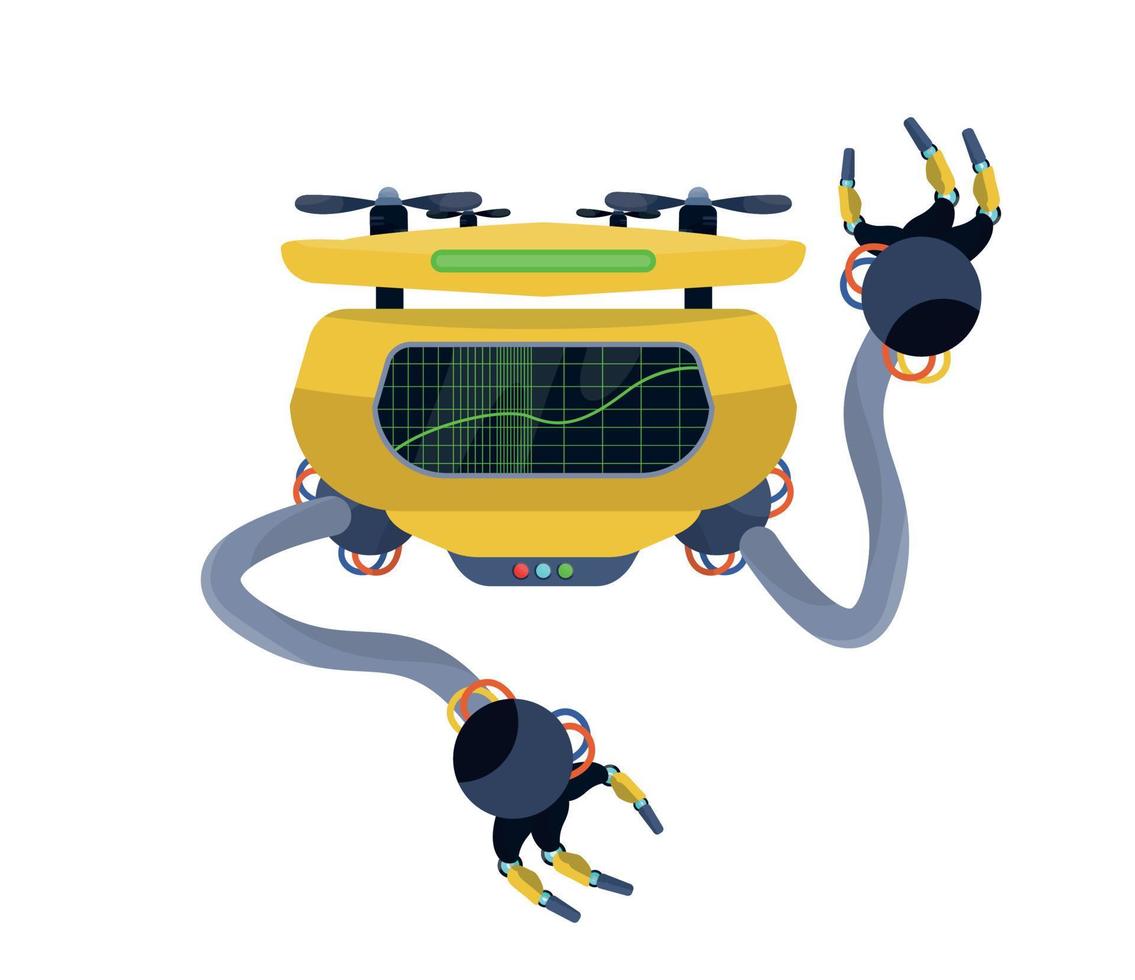 Flying drone robot isolated. Assistant android. Copter. Futuristic, fictional cyborg, artificial intelligence. Alien, fantastic machine. Funny picture for kids. Flat vector illustration.