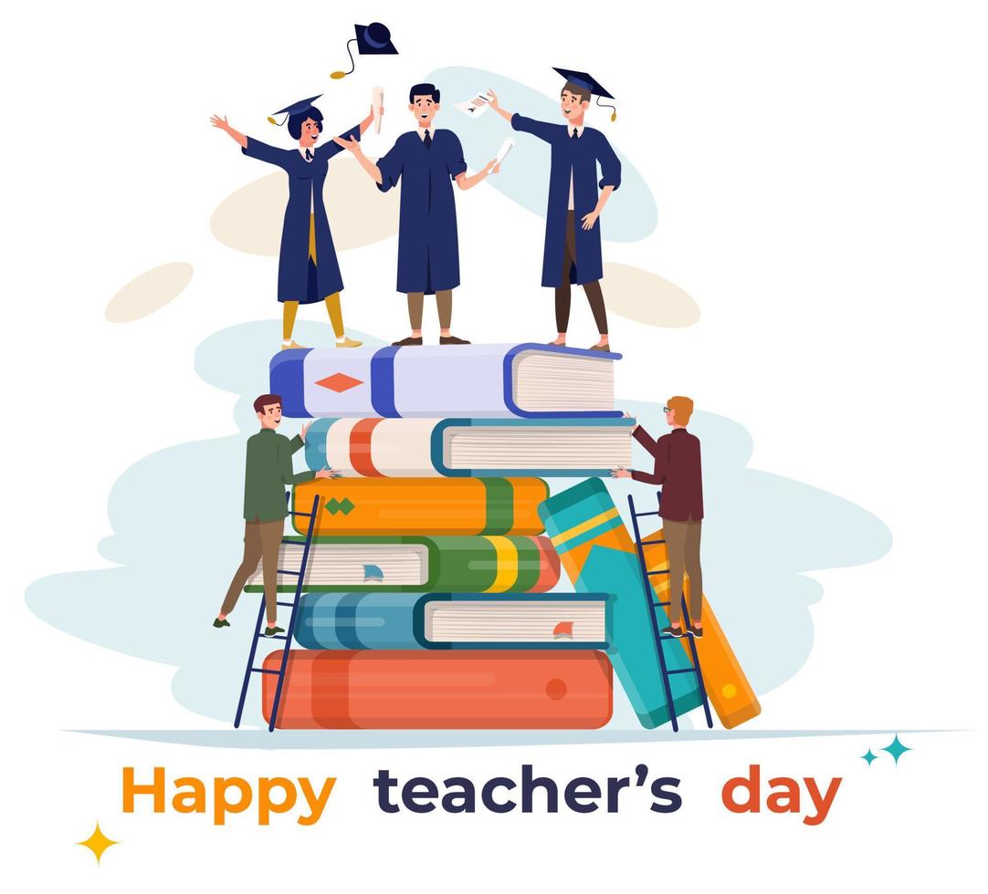 Happy teachers day illustration. Education concept.  Students climbing the books. Tiny people. Flat vector illustration. Card.