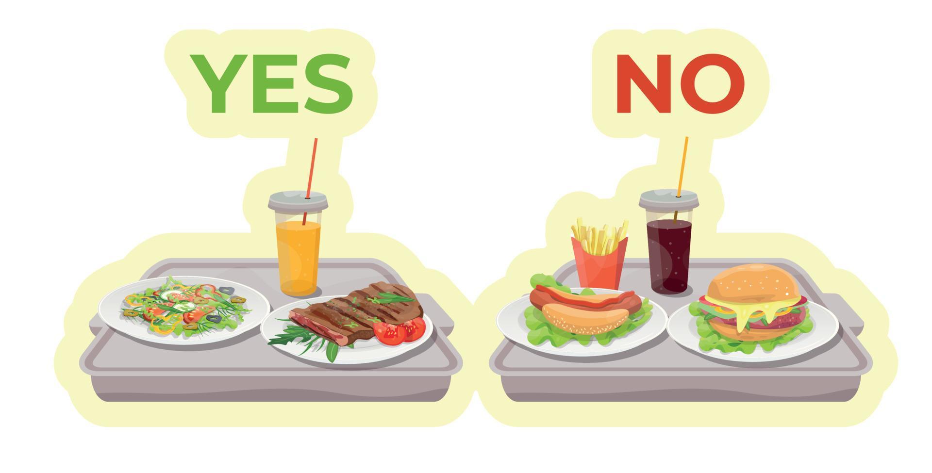 Healthy food and junk food on the trays.  Choose between healthy food and junk food. Salad, steak juice, Hamburger, french fries and cola. vector