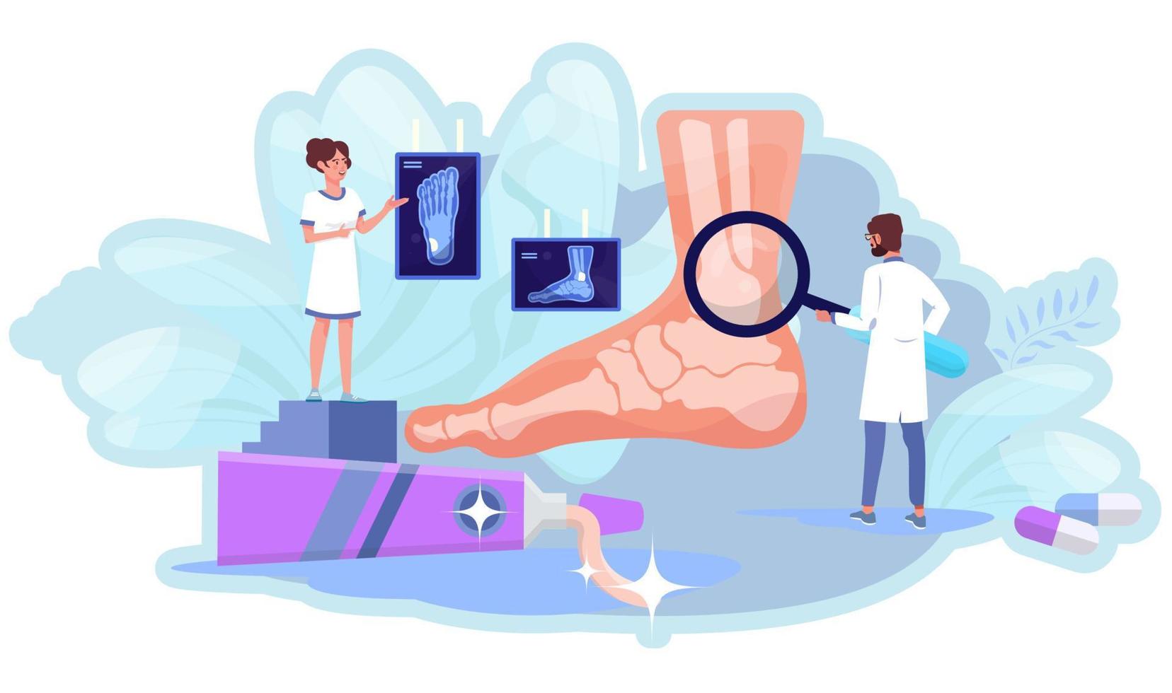 concepto de artritis del pie. exploración de rayos x. médico examinando el pie con una lupa. vector