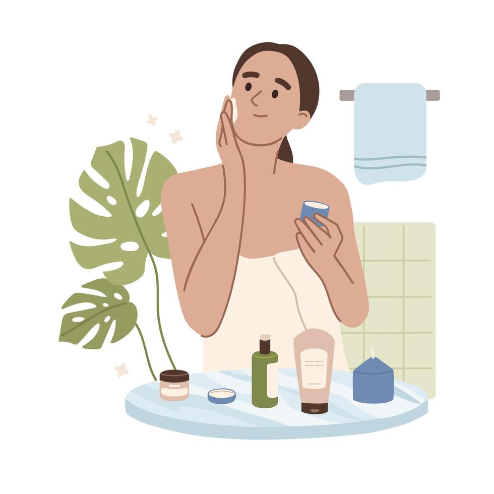 Woman applying cream to her face skin. Moisturizing, anti-age care. Bathroom. Skin care, gel, serum for hydration. Flat vector illustration.