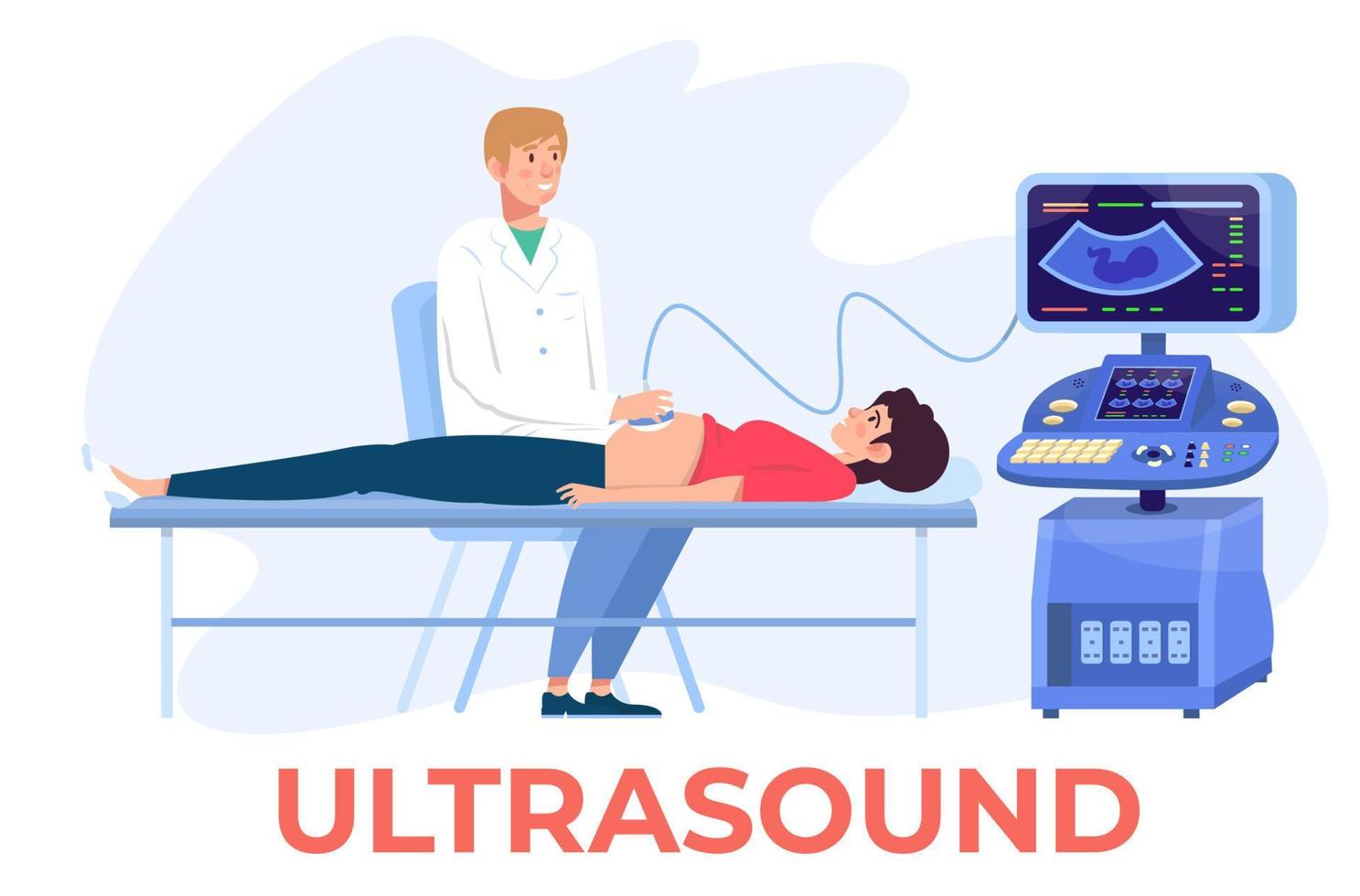 Doctor is carrying out ultrasound screening of pregnancy.  Ultrasound scanner. Gynecology. Medical equipment. Ultrasonic device. vector