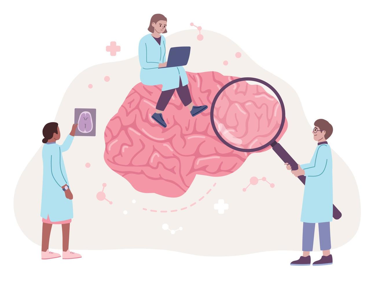 concepto de estudio cerebral. los médicos están examinando el cerebro. resonancia magnética, concepto de neurología. lupa circunvoluciones ilustración vectorial plana. psicología cognitiva, ciencia del cerebro vector