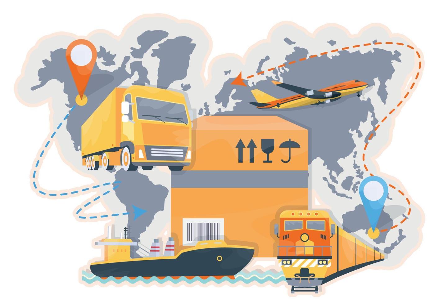 International logistics. Online delivery service. Truck, cargo plane, cargo ship, train. Global shipment. Freight, goods delivery. Banner, ad, landing page. Vector illustration.