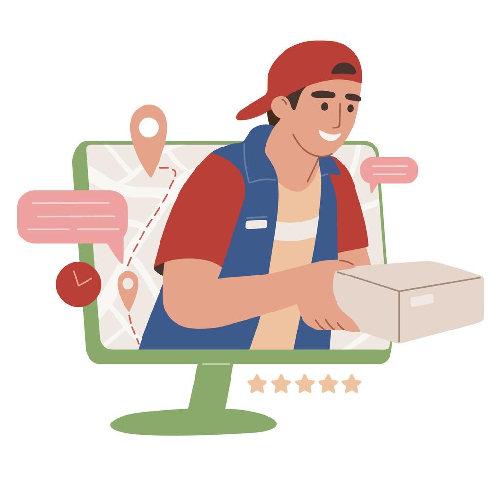 concepto de entrega en línea. servicio de entrega. servicio de mensajería. hombre con una caja. icono, símbolo, pancarta. ilustración vectorial plana. pedido en línea. vector