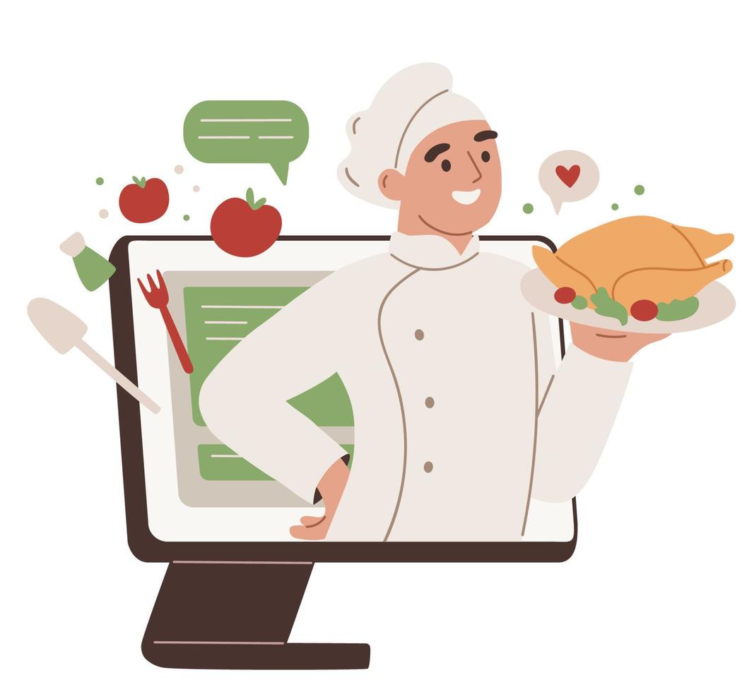 Food delivery service. Order food from the restaurant. Online service.Chief on the computer screen with a baked chicken. vector