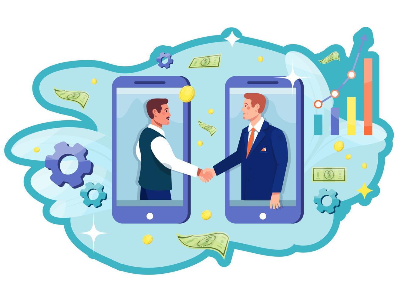 Online business concept. Electronic contract. Agreement, partnership, teamwork. Businessmen shaking hands. Smartphones. vector