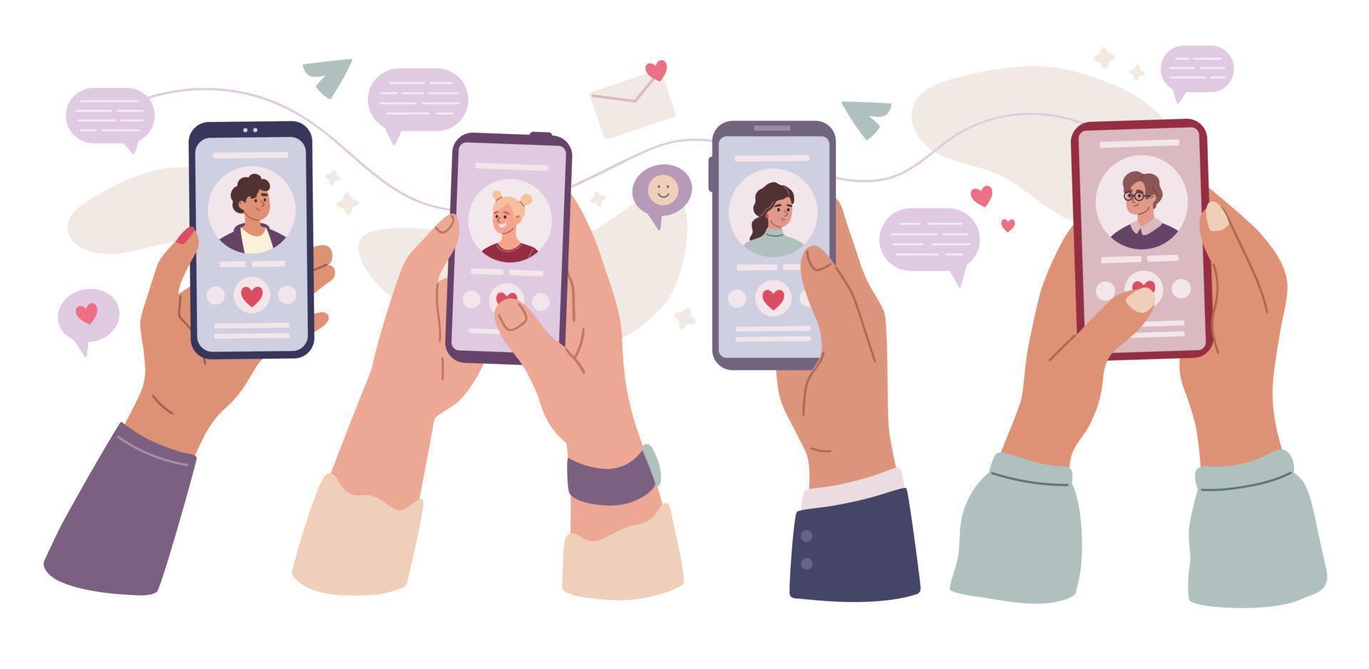 Set of hands holding smartphones with online dating application. Likes, choice. Profiles. Virutal dating and communication. App. Online dating service. Flat vector illustration.