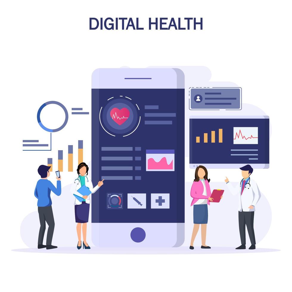 concepto de salud digital. el médico mira el gráfico electrónico del paciente en los aparatos electrónicos. concepto de atención médica. vector