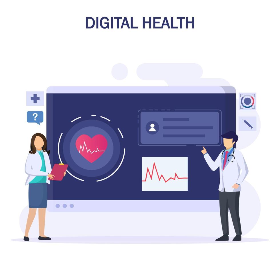 Digital health concept. Doctor looks at the patient's electronic chart on the electronic gadgets. Health care concept. vector