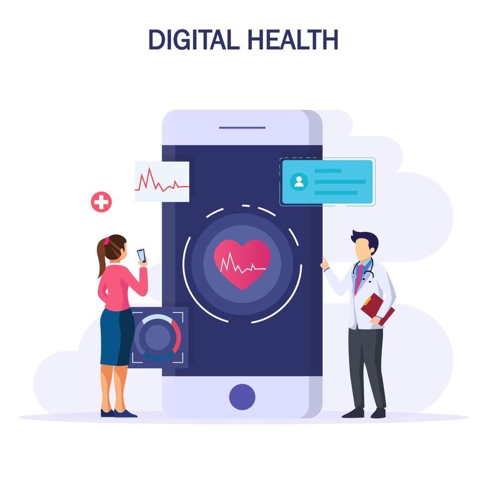 Digital health concept. Doctor looks at the patient's electronic chart on the electronic gadgets. Health care concept. vector