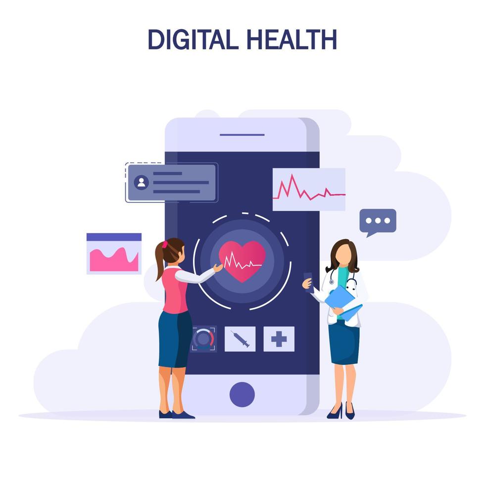 concepto de salud digital. el médico mira el gráfico electrónico del paciente en los aparatos electrónicos. concepto de atención médica. vector