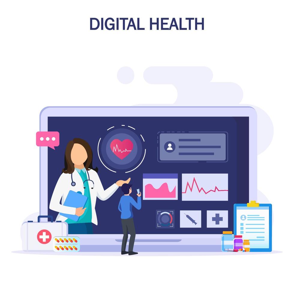 concepto de salud digital. el médico mira el gráfico electrónico del paciente en los aparatos electrónicos. concepto de atención médica. vector