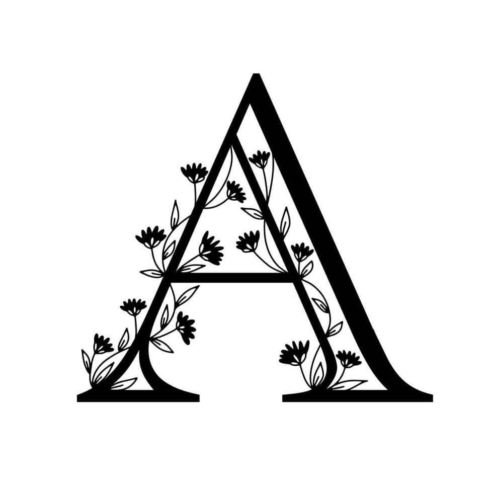 Floral botanical alphabet. Vintage hand drawn letter A. Letter with plants and flowers. Vector lettering isolated on white