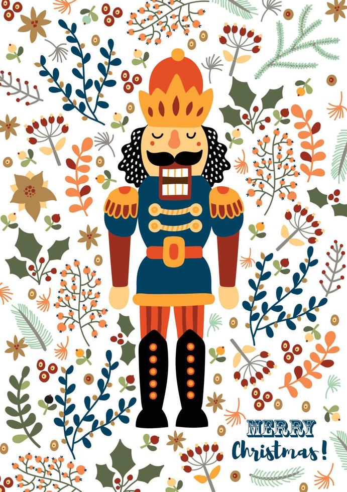 Nutcracker and winter floral. Cute Christmas vector card.