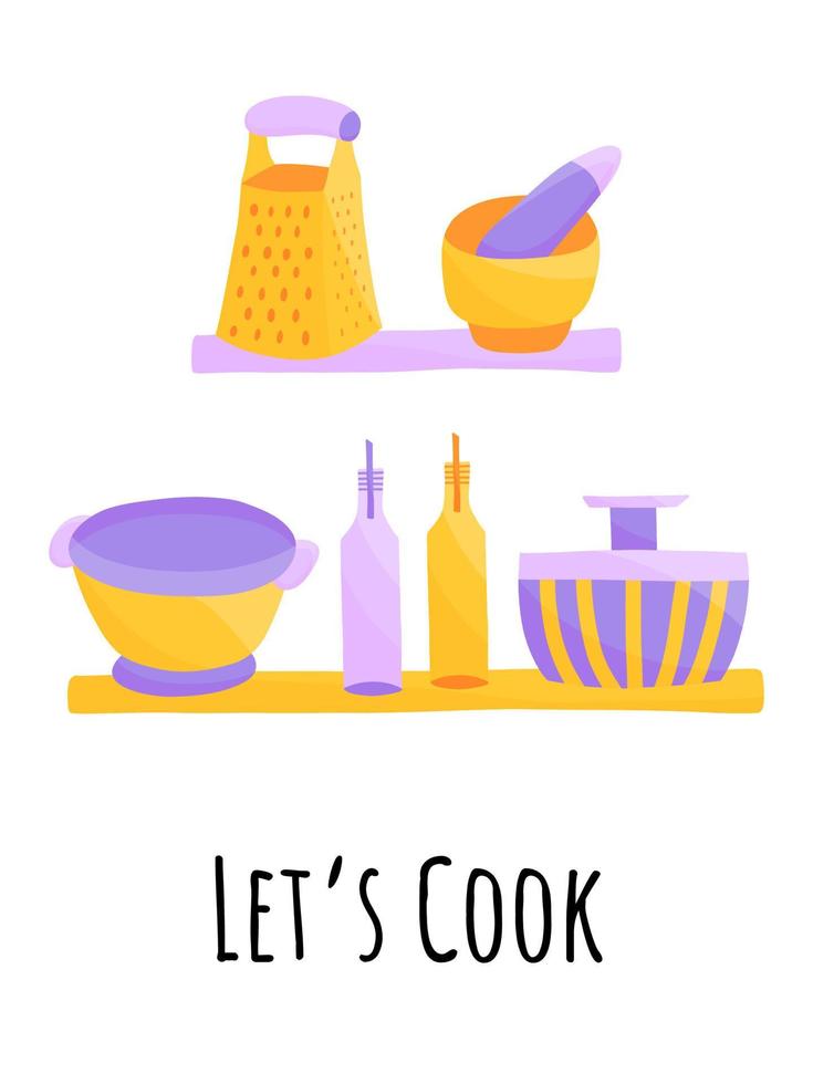 Cooking poster with kitchen utensils and the quote let's cook. Inscriptions kitchen cafe restaurant decorations. vector