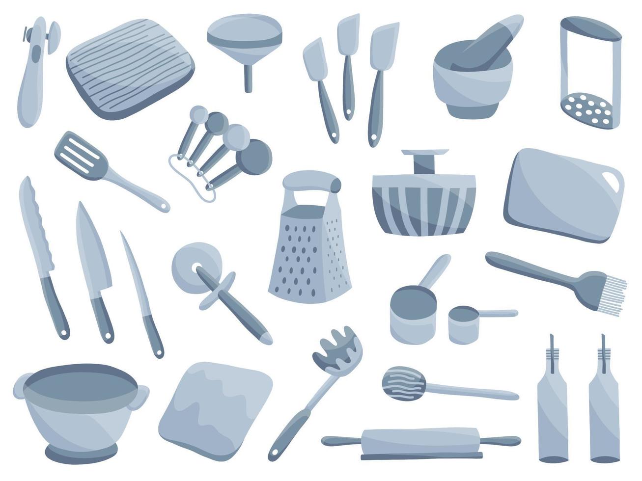 Sets of kitchen tools spade, knife, spatula, cutting board, masher, funnel, grater, rolling pin, spoons, cups. Kitchenware collection. vector