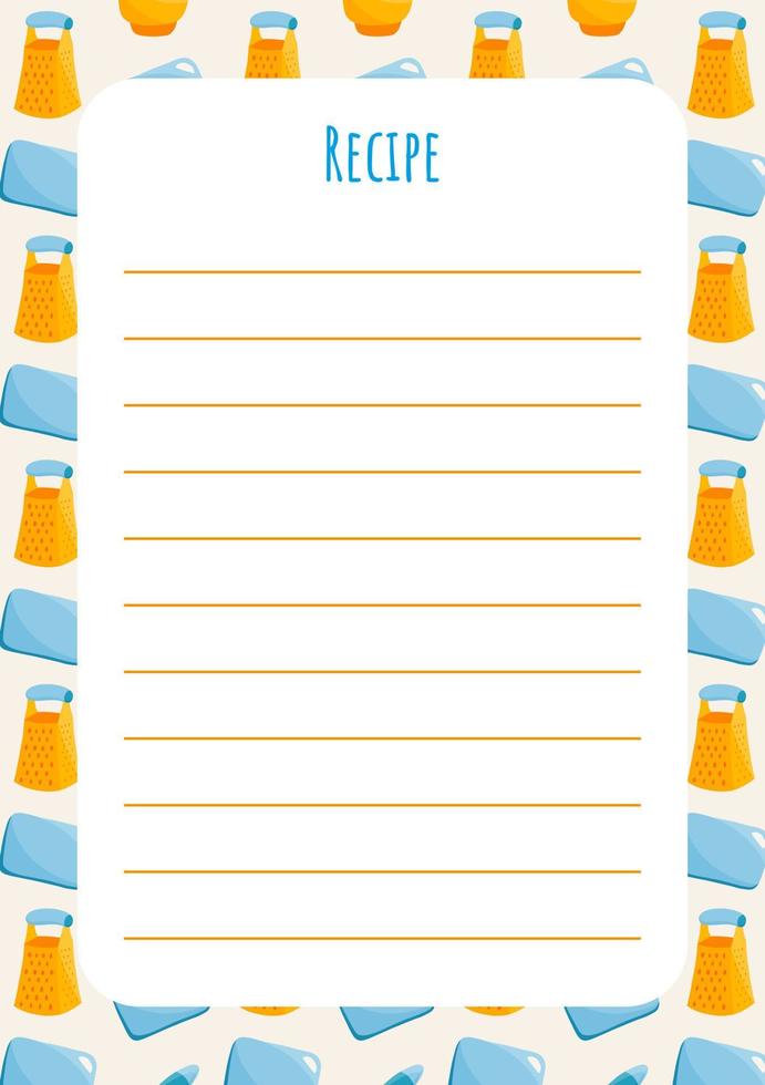 Printed recipe template with kitchen utensils for cooks and cooking enthusiasts. Kitchenware collection. vector